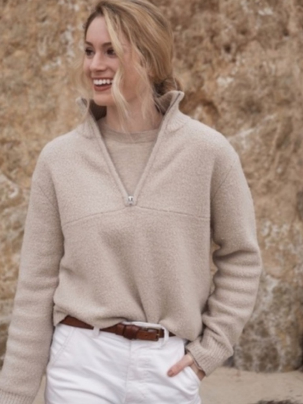 Jenni Kayne Beige Sand Merino Wool Half Zip Pullover Sweatshirt Medium